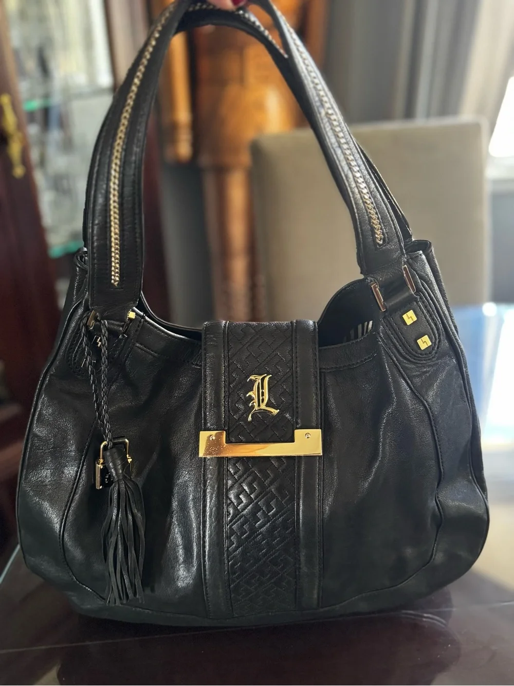 L.A.M.B. Black Leather Shoulder Bag with Gold Hardware